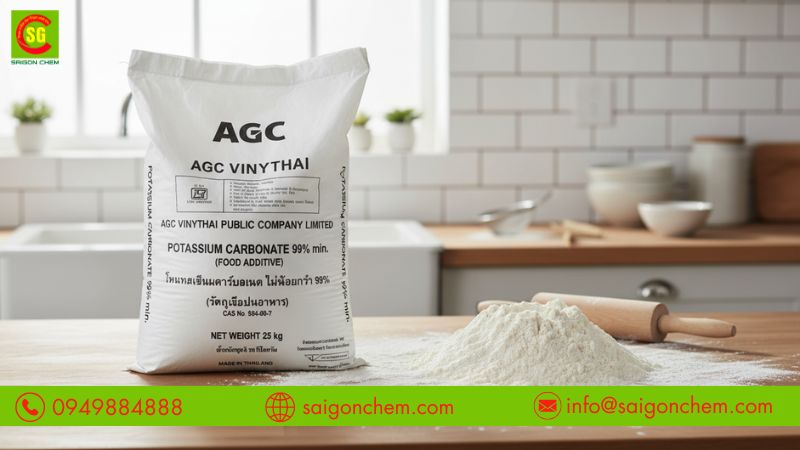 K2CO3 dạng bột trắng, dễ tan v&agrave; c&oacute; t&iacute;nh kiềm