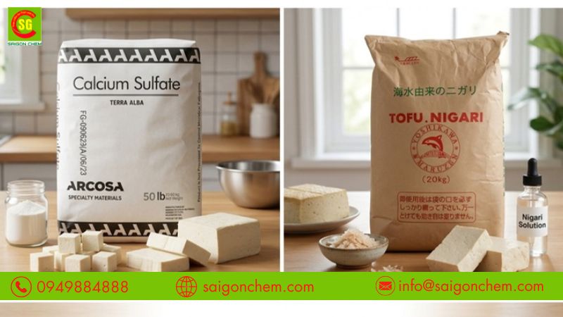 Bảng so s&aacute;nh đặc điểm thạch cao v&agrave; nigari l&agrave;m đậu hũ 