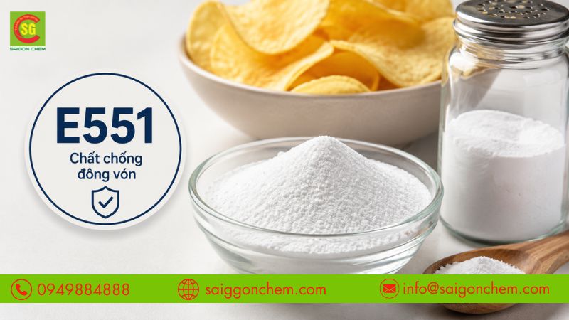 E551 l&agrave; chất chống đ&ocirc;ng v&oacute;n d&ugrave;ng trong thực phẩm. 