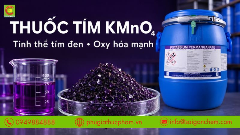 Thuốc tím KMnO4 dạng tinh thể tím đen, có khả năng oxy hóa mạnh.